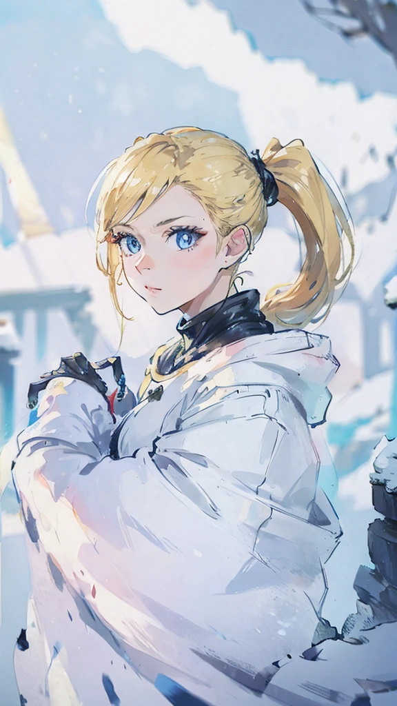 Long ponytail, blue eyes, blonde