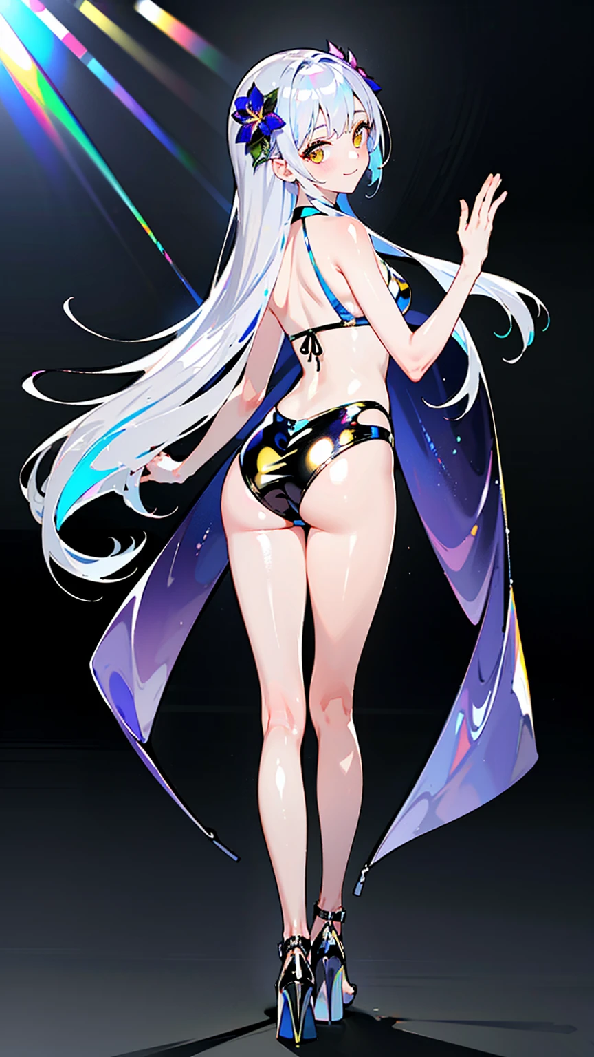 midsummer sunshine, midday sunshine, strong light, lens flare, full body standing, from behind, Beachside terrace, many flowers, (1 girl in a iridescent bikini turns around and waves with a smile.), silver long hair and purple inner color, yellow eyes, long eyelashes, shiny glossy iridescent clothes, shiny glossy latex gradient iridescent clothes, shiny reflective clothes, sandals, many flowers, glitter effects, 177013,