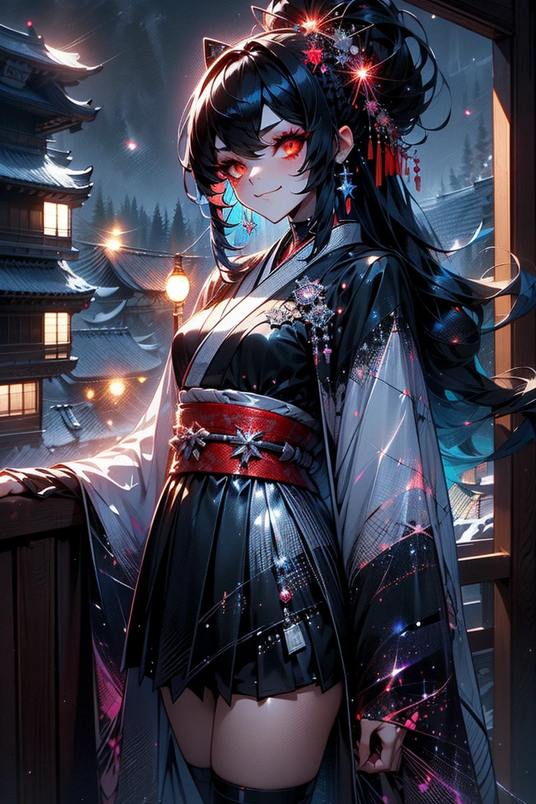 uhd, 4k, textured skin, good quality, High details, ​masterpiece, best quality, (Amazingly absurd:1.2), (​masterpiece:1.2), 1 Vampiregirl, mecha, not looking at viewer, Kimono, standing, looking in the distance, dynamische pose:1.5, evil smirking, glowing red eyes, very long black hair, shiny hair , fullbody, two colored hair, hair ornament, glowing Kimono, black knee socks, Kawaiitech, soft colours, Kawaii, Beautiful colors, thunder in the background, (Rain:1), (Night:2),