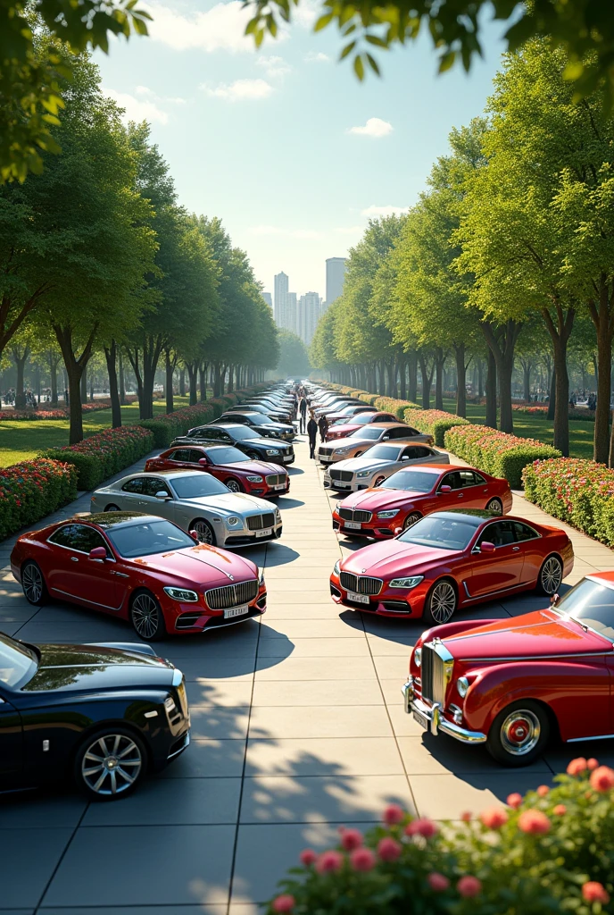 beautiful park with luxurious vehicles 