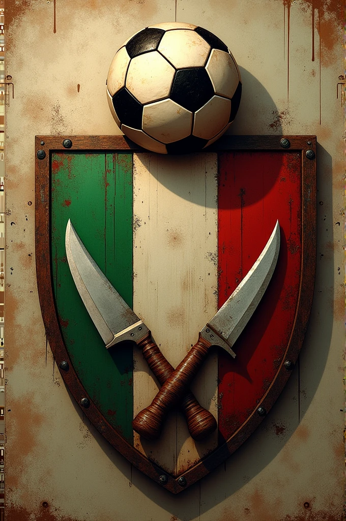Football shield containing a ball, two knives and a complete Italian, In addition to a text "fuchibola"