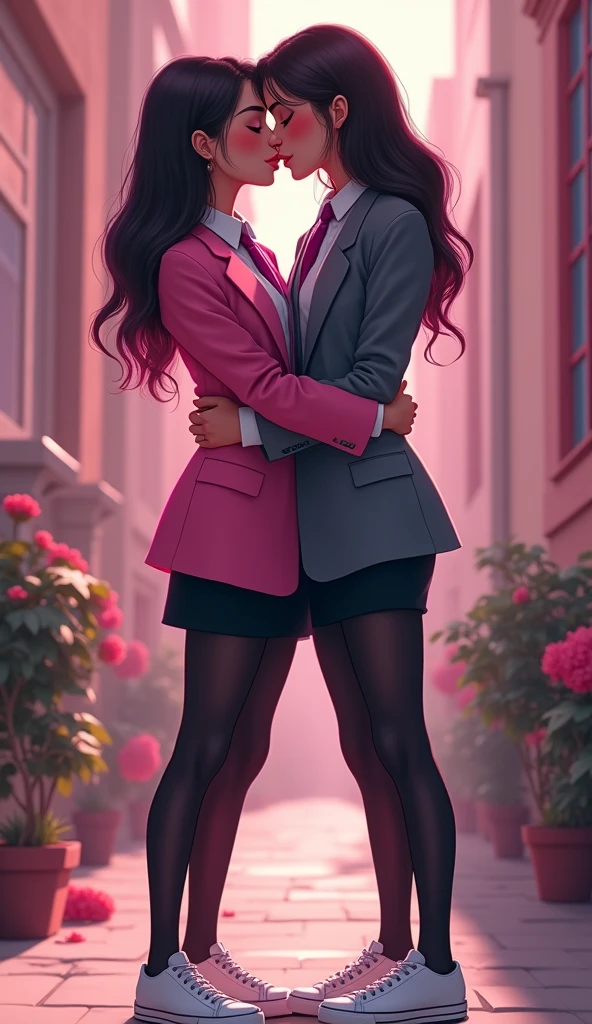 Two young womens, long black hairs, yuri, lesbian.
The first young women wear a pink suit jacket, white shirt, magenta necktie, black pencil skirt, black underpants, black tights, white socks, white sneakers.
The second young women wore a grey suit jacket, white shirt, dark grey necktie, black pencil skirt, black underpants, black tights, white socks, white sneakers.
french kiss, lesbian kiss, hugging, sensual body, closed eyes, novel cartoon, 4K, HD