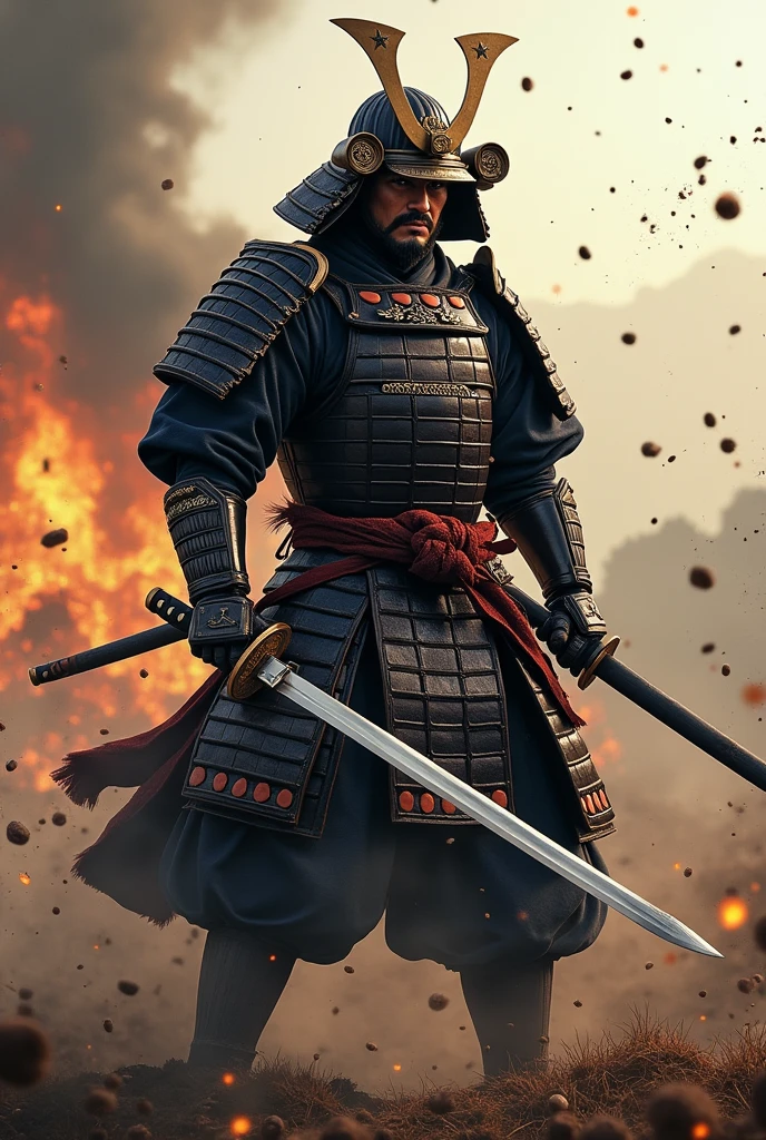 A powerful samurai warrior, clad in traditional Japanese armor, engaged in fierce combat. He wields his katana with skill and precision, deflecting blows and launching counterattacks. The battlefield rages around him, with smoke, fire, and the clash of steel filling the air. His expression is one of intense focus and determination, reflecting the heat of battle.