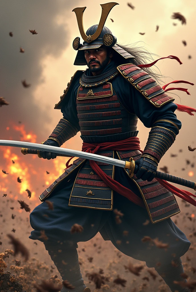 A powerful samurai warrior, clad in traditional Japanese armor, engaged in fierce combat. He wields his katana with skill and precision, deflecting blows and launching counterattacks. The battlefield rages around him, with smoke, fire, and the clash of steel filling the air. His expression is one of intense focus and determination, reflecting the heat of battle.