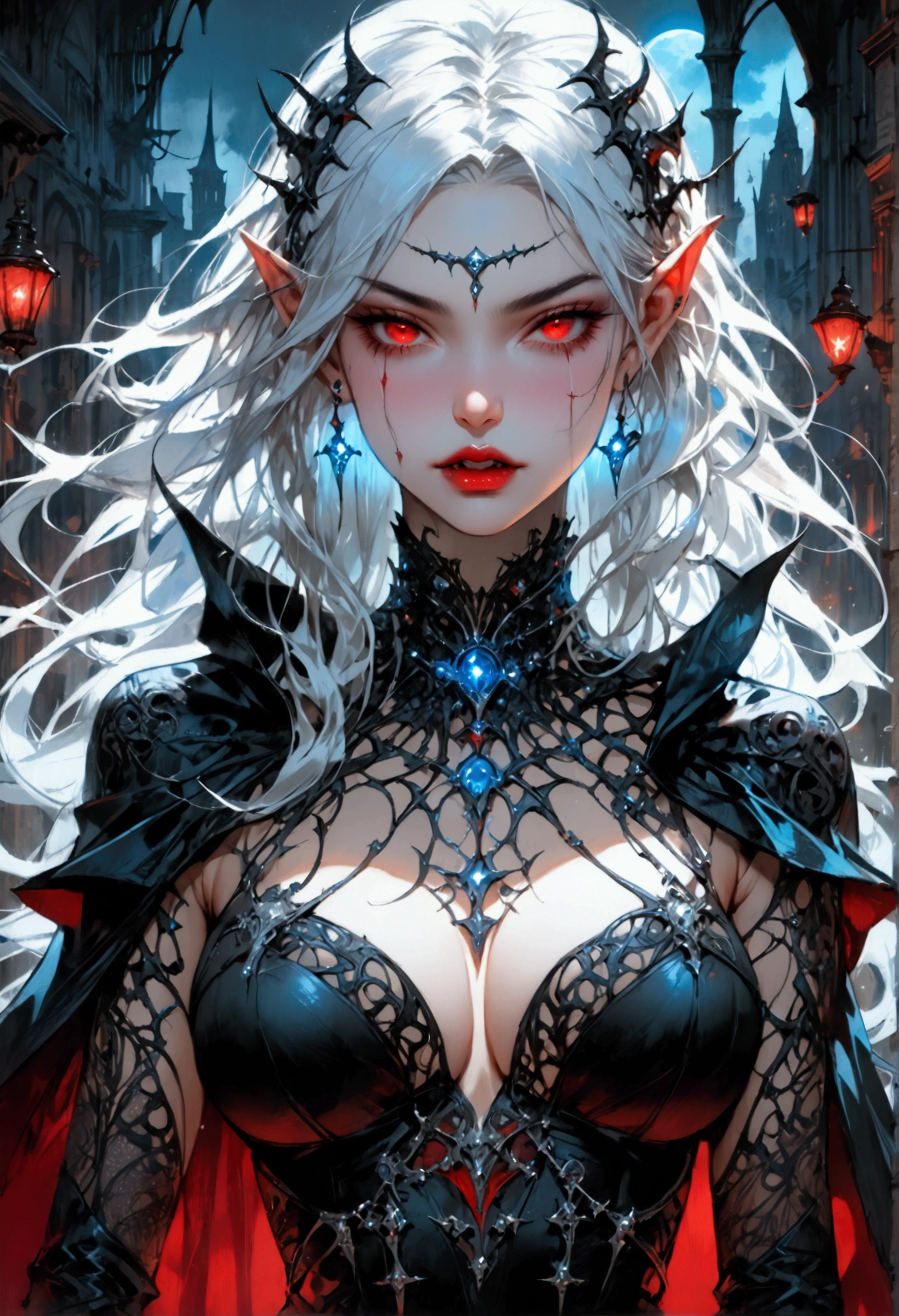 anime comic illustration fantasy art, gothic art, (masterpiece:1.5), full body best details, highly detailed, best quality, Glowing Red, highres, full body portrait of a vampire, elf (Masterpiece, best quality: 1.6), ultra feminine, wizard, (intricate details, Masterpiece, best quality: 1.5) with a long curvy hair, light color hair, red eyes, busty, ((beautiful delicate face)), Ultra Detailed Face (intricate details, fantasy art, Masterpiece, best quality: 1.5), ((vampiric fangs 1.5)) (blue cloak: 1.3) , flowing cloak (intricate details, fantasy art, Masterpiece, best quality: 1.3), wearing an intricate (black: 1.4) intricate leather dress (intricate details, fantasy art, Masterpiece, best quality: 1.5), high heeled boots, fantasy urban background (intense details, beat details), fantasy, at night light, natural ,moon light, clouds, gothic atmosphere, soft light, dynamic light, [[anatomically correct]], high details, best quality, 8k, [ultra detailed], masterpiece, best quality, (extremely detailed), dynamic angle