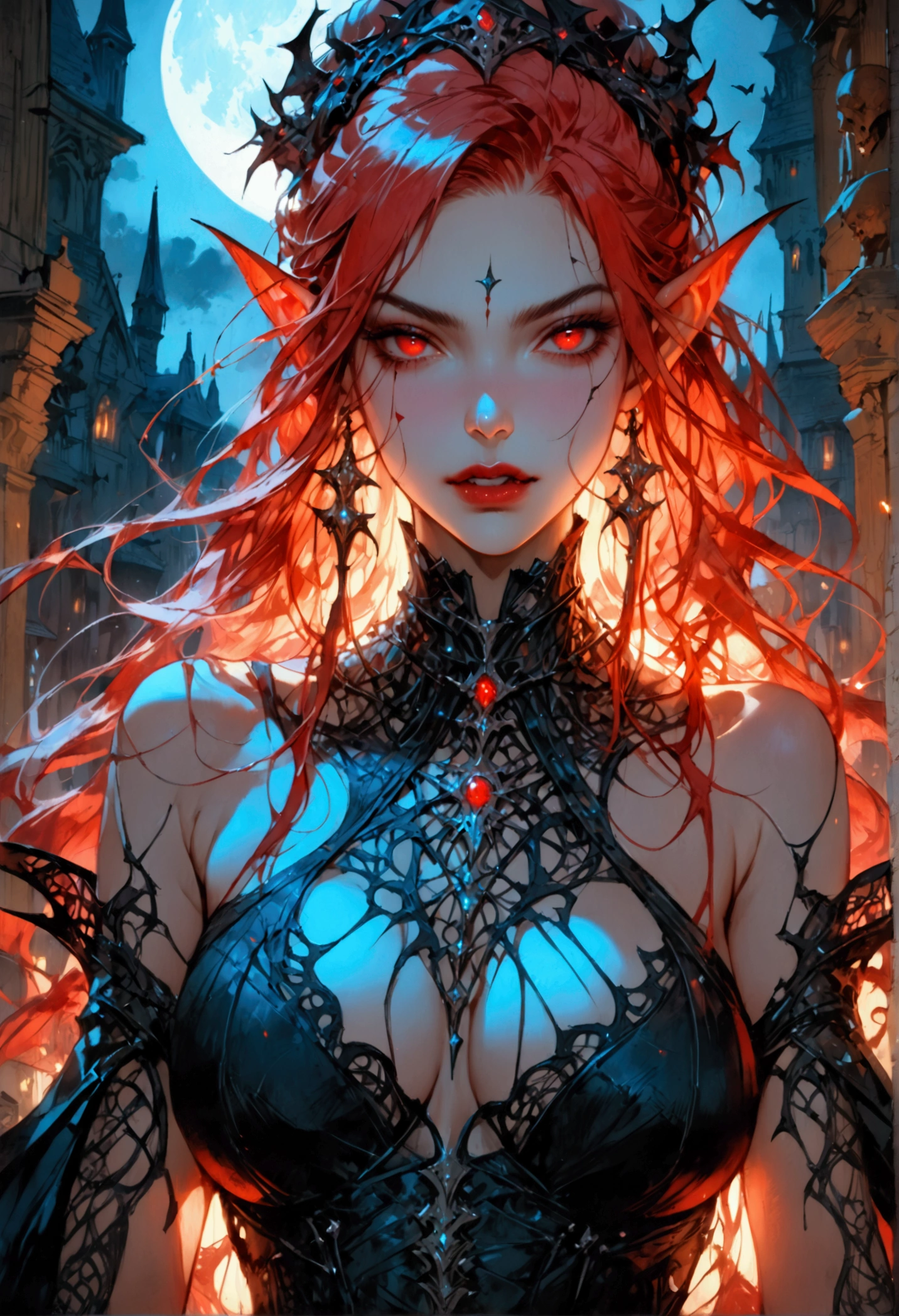 anime comic illustration fantasy art, gothic art, (masterpiece:1.5), full body best details, highly detailed, best quality, Glowing Red, highres, full body portrait of a vampire, elf (Masterpiece, best quality: 1.6), ultra feminine, wizard, (intricate details, Masterpiece, best quality: 1.5) with a long curvy hair, light color hair, red eyes, busty, ((beautiful delicate face)), Ultra Detailed Face (intricate details, fantasy art, Masterpiece, best quality: 1.5), ((vampiric fangs 1.5)) (blue cloak: 1.3) , flowing cloak (intricate details, fantasy art, Masterpiece, best quality: 1.3), wearing an intricate (black: 1.4) intricate leather dress (intricate details, fantasy art, Masterpiece, best quality: 1.5), high heeled boots, fantasy urban background (intense details, beat details), fantasy, at night light, natural ,moon light, clouds, gothic atmosphere, soft light, dynamic light, [[anatomically correct]], high details, best quality, 8k, [ultra detailed], masterpiece, best quality, (extremely detailed), dynamic angle