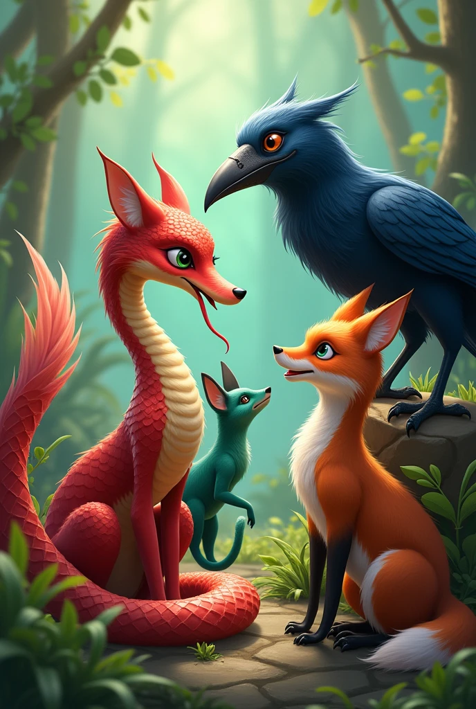 Red snake, green mongoose, orange fox, blue crow