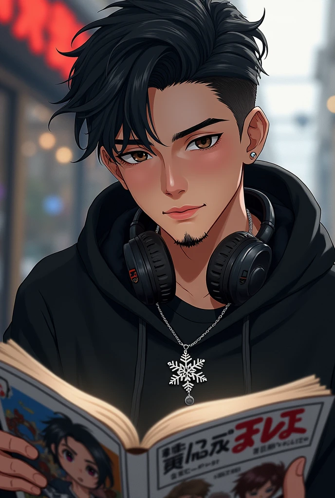 A 20 year old boy with a loaded midpart haircut and a black beard, brown eyes with a necklace of a snowflake like a silver star, et porte une capuche noire et et des écouteurs autour de son cou et lit un manga de anime