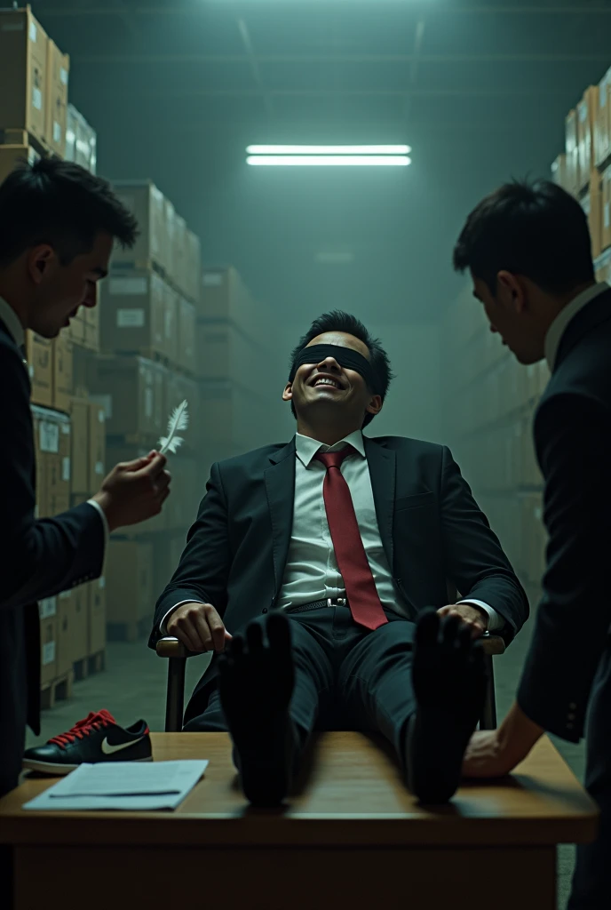Malaysia malay handsome 19 years
His handcuff in warehouse
Blindfolded
Black Suit and Red tie
feet on desk
feather
Nike shoes on desk
5 toes each feet
Black sock
Smoke effect for smelly sock
2 man tickle his feet
1 man take off his socks
1 man holding feather tickle his feet
He laugh very hard