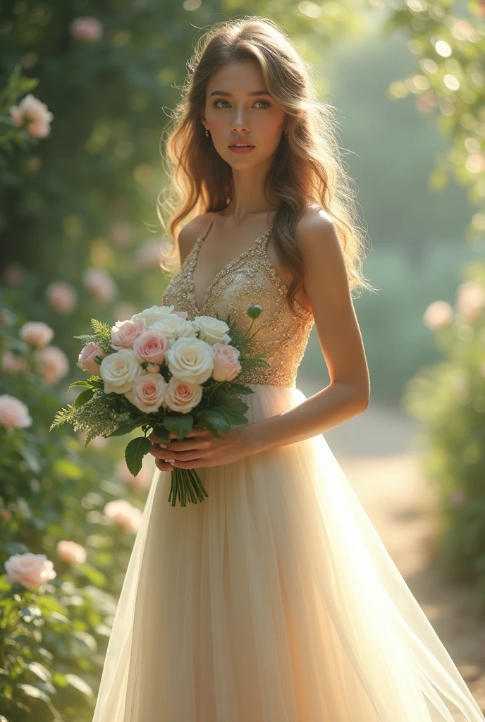 Illusion. Girl wearing white and gold bridesmaid dress holding white and pink roses with garden background