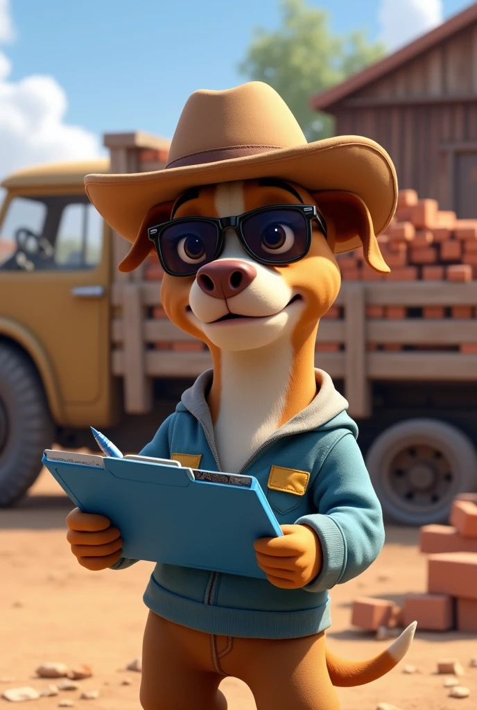 Light brown pitbull dog, Light brown eyes, black sports sunglasses, brown cowboy cap , shirt blue, using blue clipboard and blue pen. Truck with bricks and wood in the background in an open yard, 4K, Disney style.