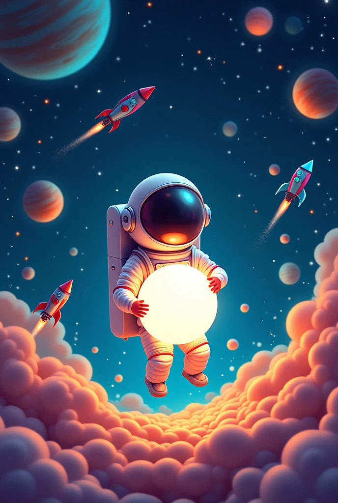Astronaut holding white ball in front of planets and flying rockets in space as birthday card