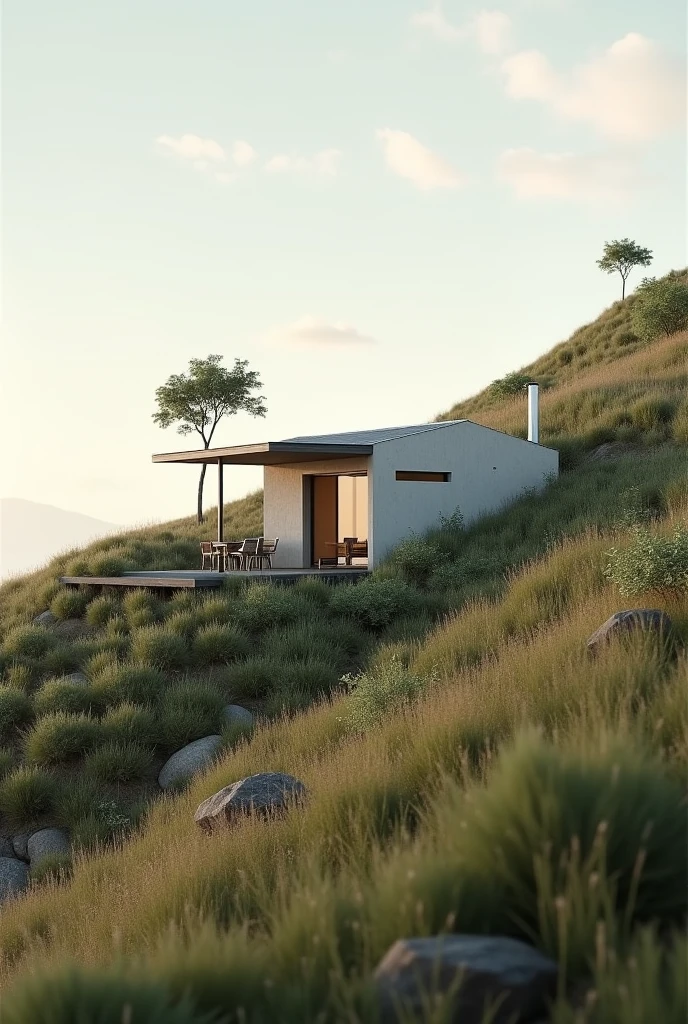 Design a house on a sloping plot, a simple house, small, in photo mode 