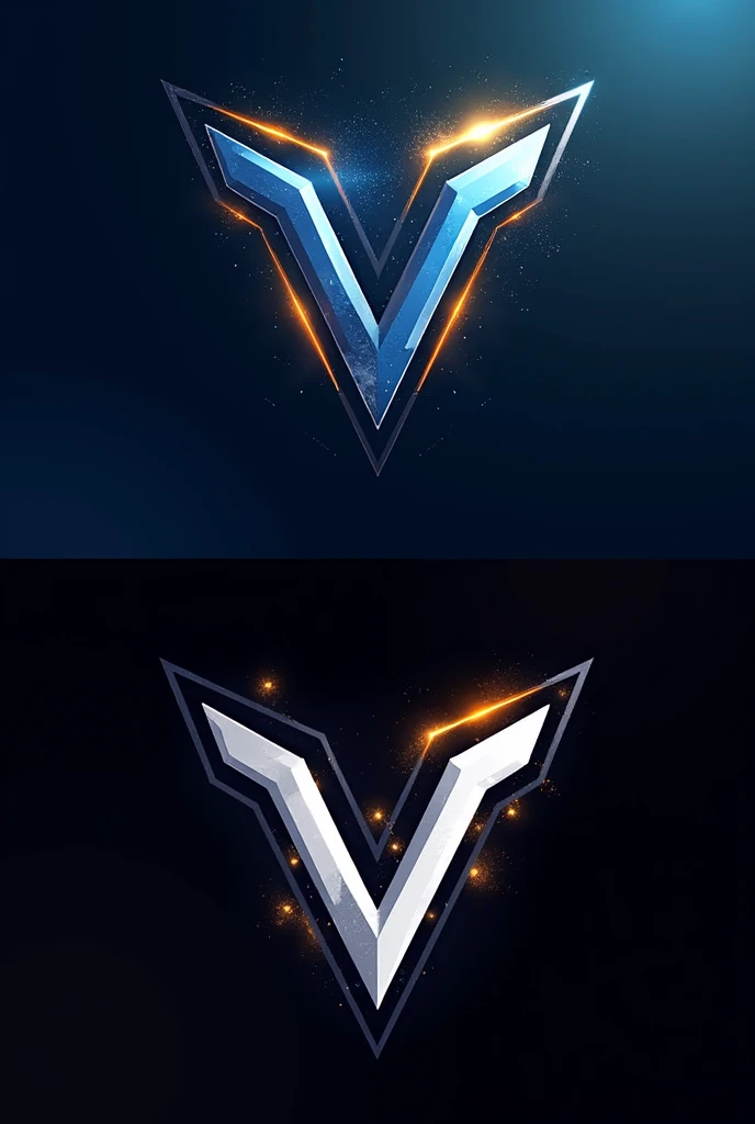 create two e-sports style logos with the letter V, with small vanguard writing above. one blue with gold and another version of the same black and white