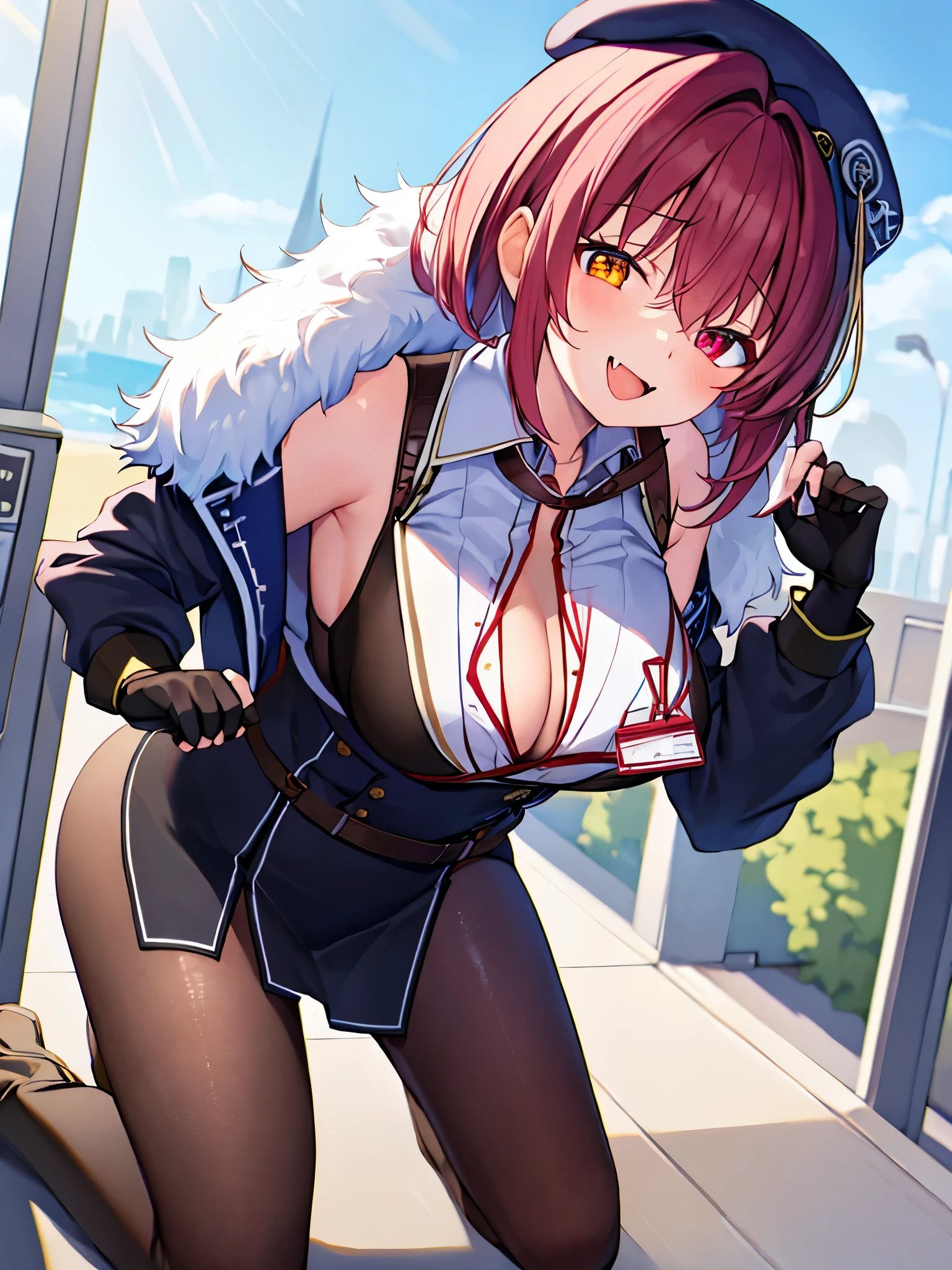 ((Masterpiece)), (Best Quality), marine_beret, Collared_White_Shirt, Sleeveless, High-waisted Skirt, Pantyhose, Blue Jacket, Fur Embellishment, Fingerless Gloves, 1_IDCard, Solo,marine_officer,, black pantyhose, black gloves, thigh boots, beret,houshou_marine,heterochromia, red eyes, orange eyes,open_mouth,big_smile,evil_smile,fang,large_breasts,,office_landscape,red_short_hair,(plump:0.7),open_mouth,tongue, slouch,pov ,kneeling with hands on ground,