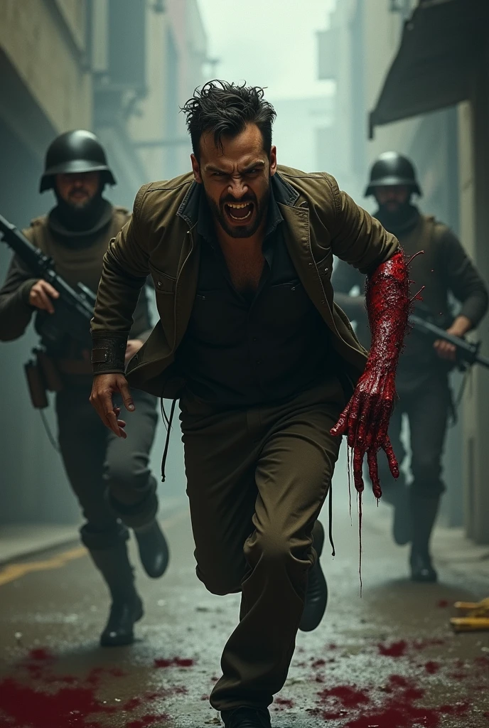 A man with a bloody severed arm flees from armed guards