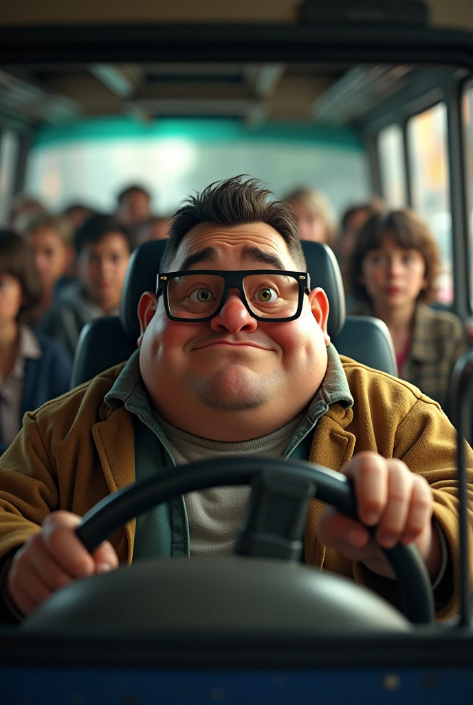 Chubby driver with arrogant glasses driving a trufi seen from the inside