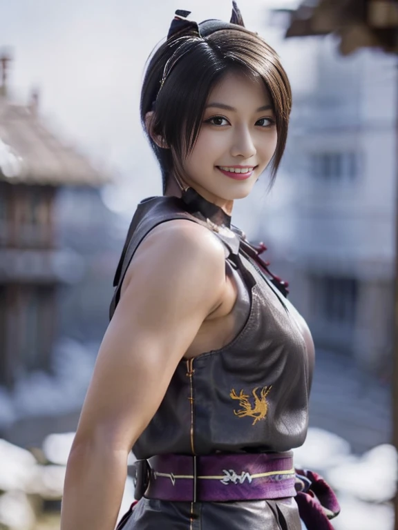 20 year old Japanese beauty，One woman、Muscular body like a bodybuilder、Emphasize the breasts、He wears a headband on his head、Slit eyes、A head-to-toe view，Bust is very very large、The background is a snowy country、High quality photos、Clear, crisp images of the lower body、Masterpiece 8k、Smiling、Is doing a high kick、From the front, from the side, from the back, etc.々from what camera angle to shoot、Orange Ninja Costume、The clothes are embroidered with dragons.