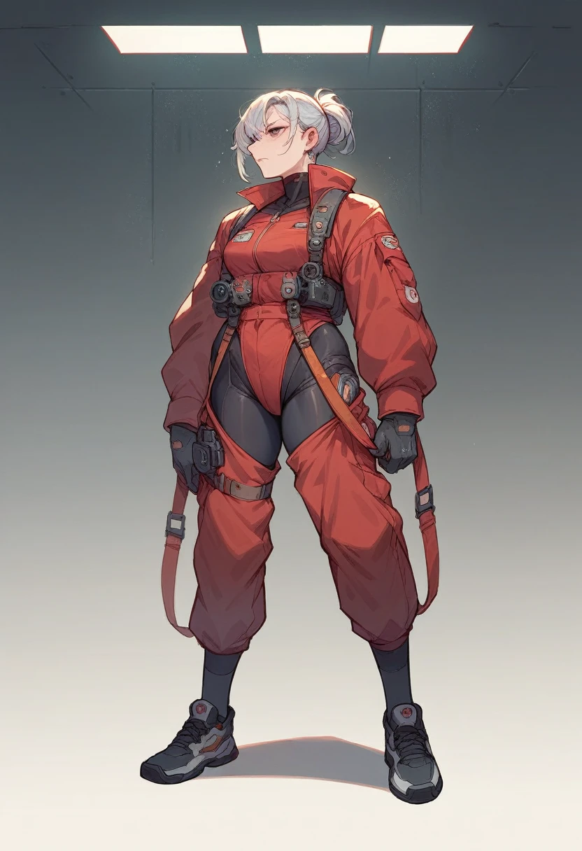 visual novell background, scene in futuristic factory, woman in red worker suit stands near important lever, ready to pull, looking into camera. scene should convey tension and importance, with dynamic poses and overall sense of mistery