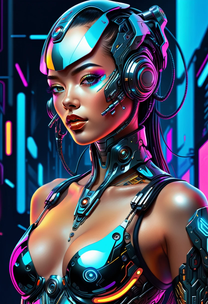 (masterpiece:1.2),(of the highest quality),(Super detailed),(ultra high resolution),(best illustrations),8k,Wallpaper,beautiful female cyborg,whole body,psychedelic,vector art,layered textures,progressive,pop,sf,cyberpunk,super sexy:2.0