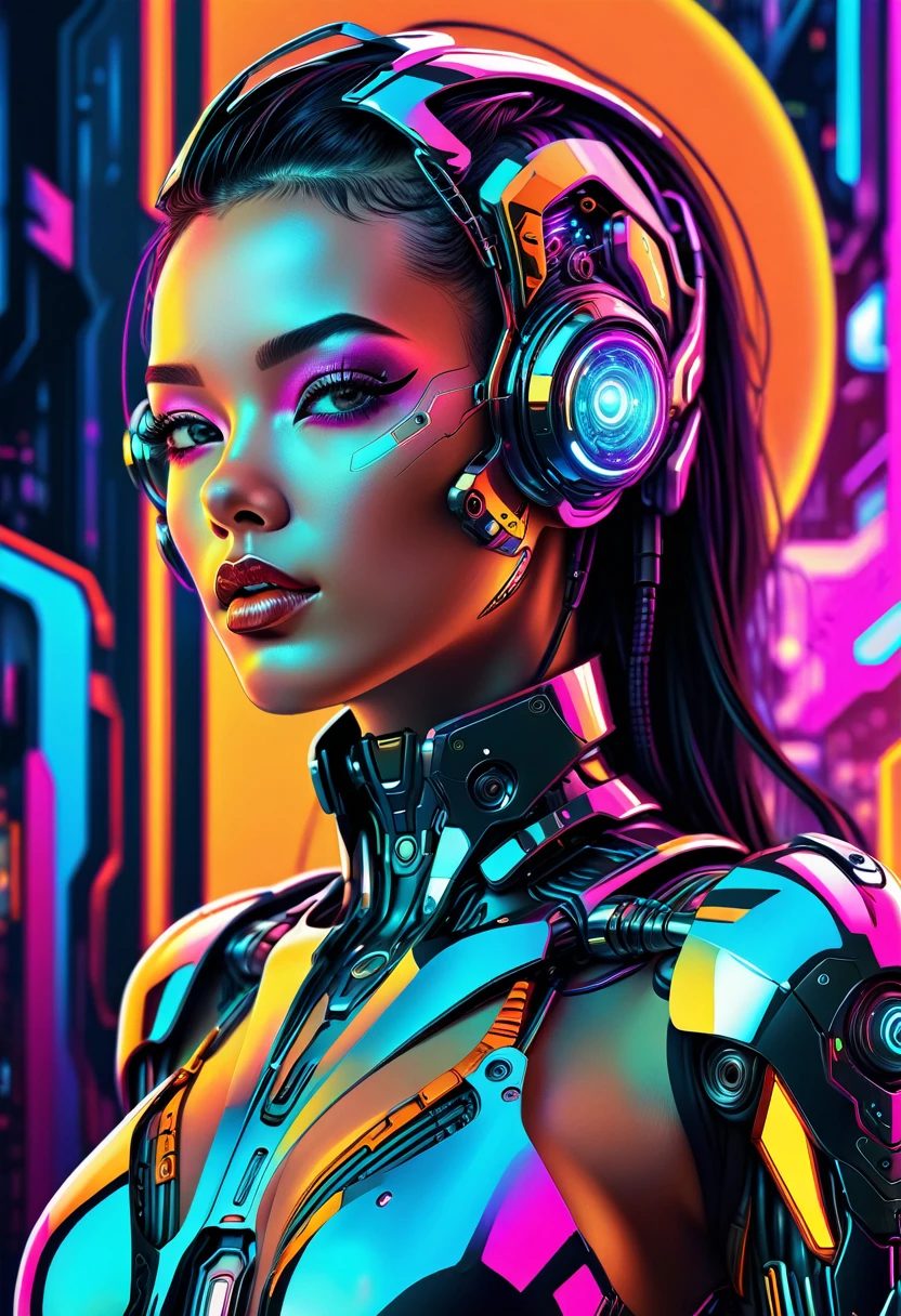 (masterpiece:1.2),(of the highest quality),(Super detailed),(ultra high resolution),(best illustrations),8k,Wallpaper,beautiful female cyborg,whole body,psychedelic,vector art,layered textures,progressive,pop,sf,cyberpunk,super sexy:2.0