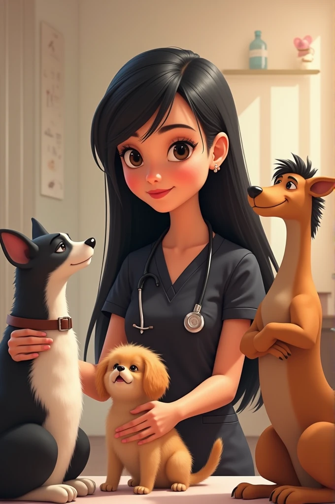 Pixar Cover Veterinarian girl with long straight black hair all straight hair down hair parted from the middle with no bangs on head ,black doctor pajamas , small lips, Wide nose, small eyes ,  and with animals 