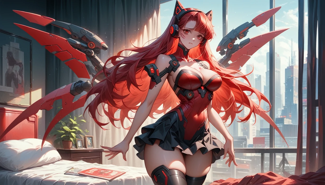 masterpiece, best quality, illustration, ultradetailed, cowboy shot, 1woman, Hassaku, redhead, red eyes, detailed eyes, futuristic anarchist cyberpunk black and red clothing, futuristic anarchist cyberpunk armor, X shaped mecha wings, black line skirt with red accents, long hair, very fat large breasts, very fat thick thighs, hour glass shape hips, exposed arms, exposed belly, exposed skin, black thigh highs with red accents, cleavage, futuristic anarchist cyberpunk black and red fox ear headphones, Hair ornament, embarrassed, standing, bedroom, bed, dominant black color with red accents