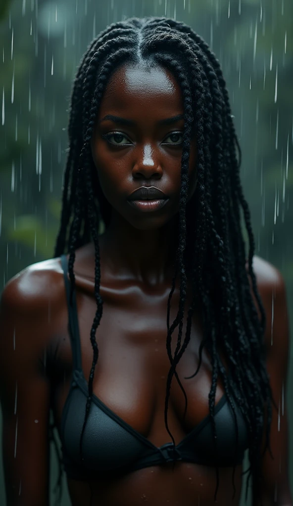 An exquisite portrait of a pretty black woman with a realistic long hair bathing in the pouring rain, the image is captured in stunning 4K, enhancing every single detail. Her beauty is astounding. Her eyes tell her whole story. The lighting is superb, dark and eerie, heavy shadows add to this magnificent scene. She enjoys the rain like a model in a photoshoot. full body. This photograph is taken with a 85mm lens that best captures her features creating one of the best visuals ever seen on film.