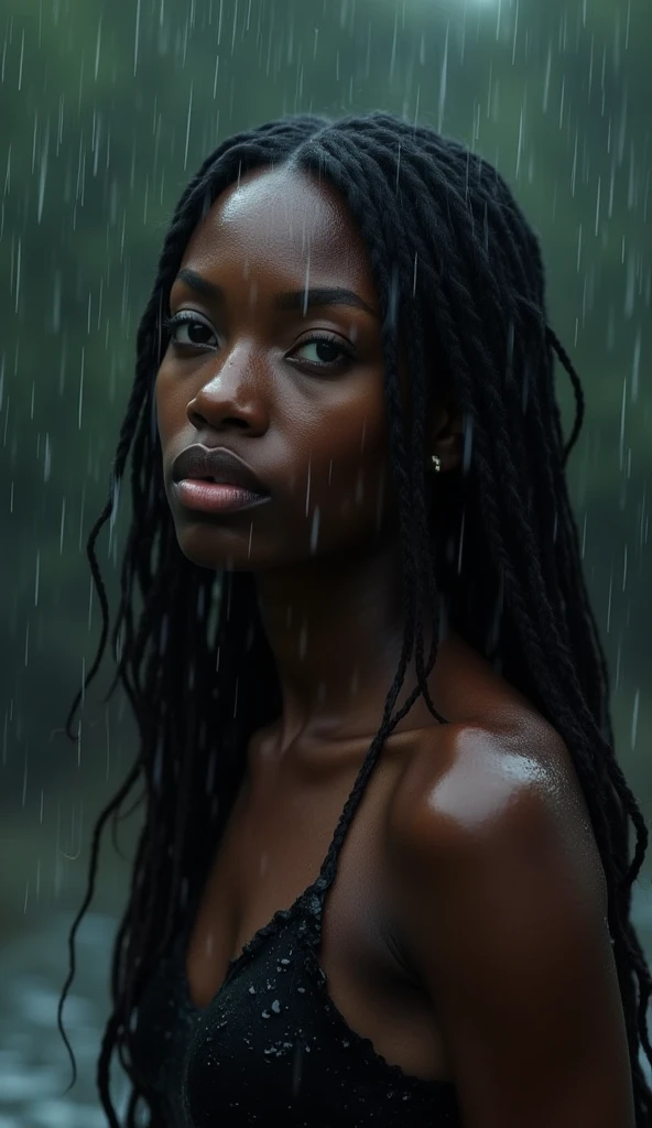 An exquisite portrait of a pretty black woman with a realistic long hair bathing in the pouring rain, the image is captured in stunning 4K, enhancing every single detail. Her beauty is astounding. Her eyes tell her whole story. The lighting is superb, dark and eerie, heavy shadows add to this magnificent scene. She enjoys the rain like a model in a photoshoot. full body. This photograph is taken with a 85mm lens that best captures her features creating one of the best visuals ever seen on film.