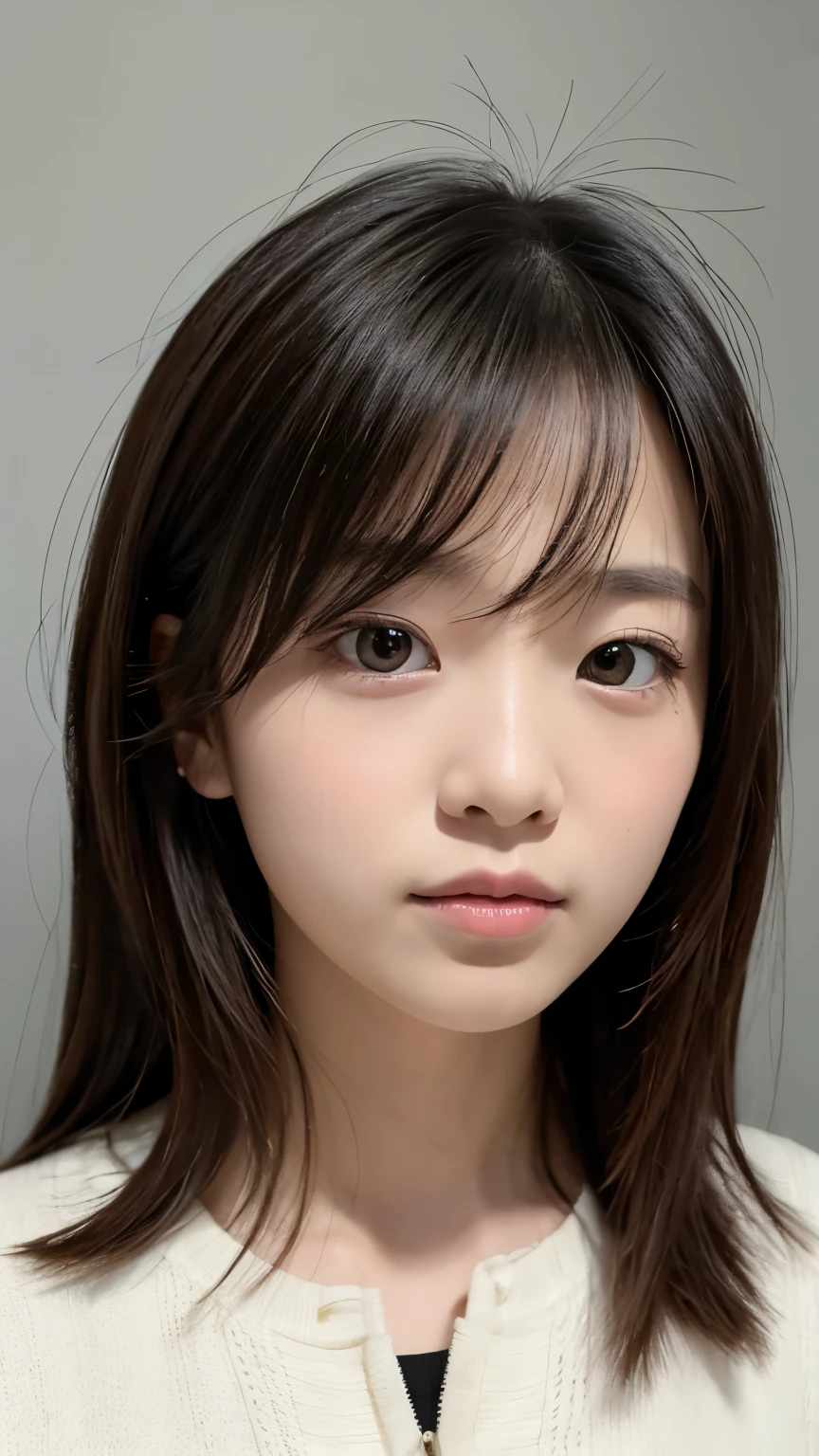 Portraiture、masterpiece:1.3、One person'S、Baby Face、Natural look、very cute、Brown Hair、Short Bob、Small red earrings、Fuller lips、No makeup、White T-shirt、Focus on the face、最high quality、High resolution、Very detailed、high quality、detailed explanation、8k、(((Blurred Background、White wall、White Background、White world、Flower illustration、Flower illustrationの壁、壁にFlower illustration、Flower illustrationが描いてある壁、Photo studio:1.5、Cinema Lighting、Professional Photographer)))
