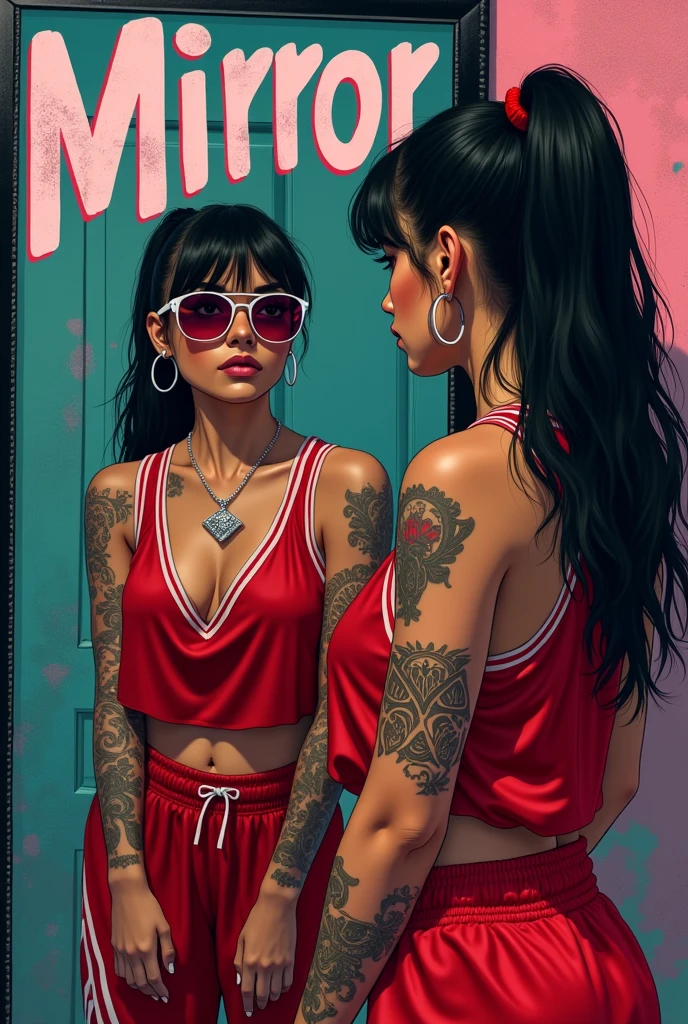 Generate an image for the cover of a song called mirror, It features a black-haired Latina girl with tattoos dressed in red basketball gear looking at herself in the mirror. Add a title in graffiti font that says mirror in Spanish, and that it is in HD quality, Add a Cuban style diamond necklace and urban sunglasses and a title that says mirror in Spanish