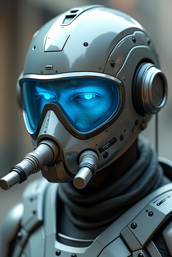 1 man, silver motorcycle helmet, snorkeling mask, portrait close up. Silver two pipe tube from mouth to head. Future design.. high tech. Wear google safety eyes glowing blue. The tube connect from head to mouth.