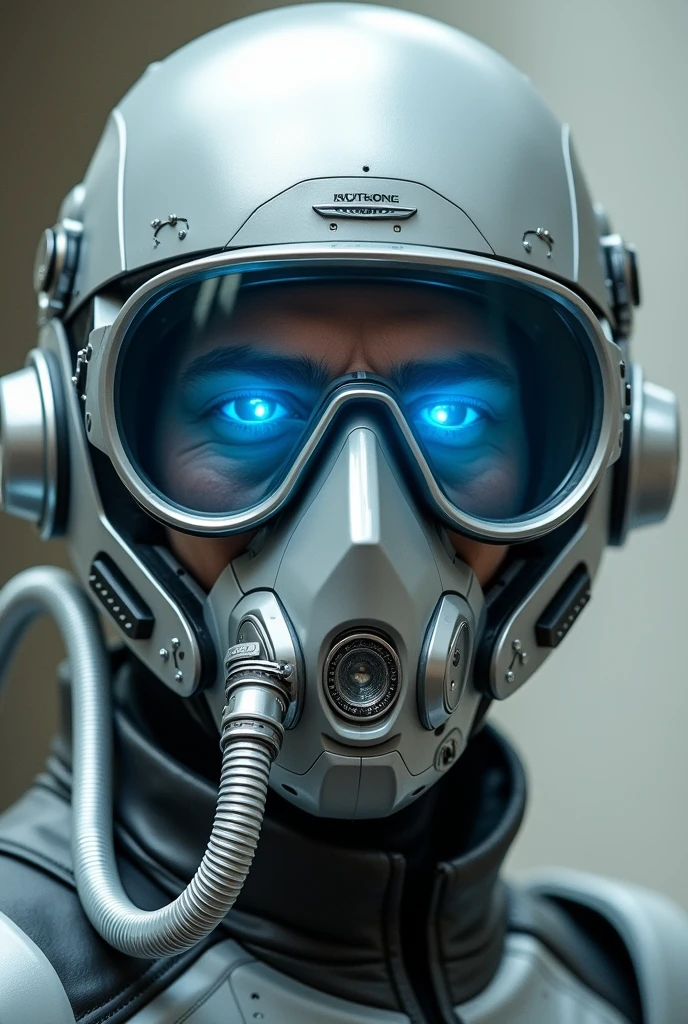 1 man, silver motorcycle helmet, snorkeling mask, portrait close up. Silver two pipe tube from mouth to head. Future design.. high tech. Wear google safety eyes glowing blue. The tube connect from head to mouth.