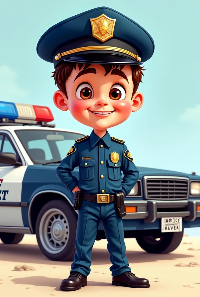 A 2d cartoon art style child wearing an officer's uniform, with a police vehicle behind him all the car shown in the picture and a sign written on it best officer ever
, caricature illustration, cartoon digital art, caricature style, 2d drwing with outline