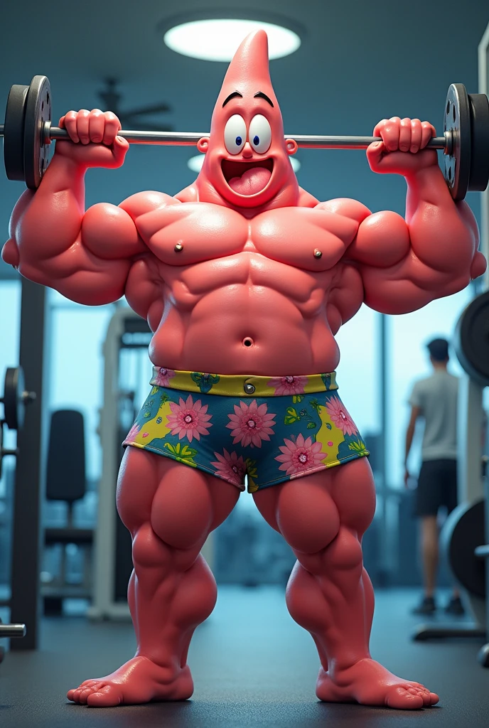 super buff patrick star training biceps at the gym in a romper printed with the same print as his standard shorts 