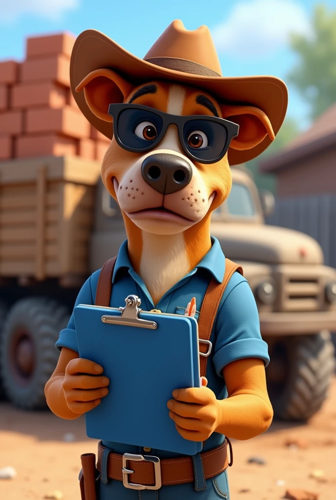 Light brown pitbull dog, Light brown eyes, black sports sunglasses, brown cowboy cap , shirt blue, using blue clipboard and blue pen. Truck with bricks and wood in the background in an open yard, 4K, Disney  style. 