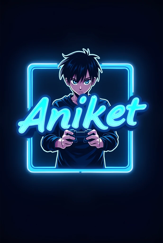This is a gaming logo that features the name "Aniket" in a futuristic font and a neon Blue colour.and boy anime avatar, the logo also has a stylized controller icon the logo is designed to be attracting and eye-catching,and to apeal to gamning enthusias.in rectanular shape.