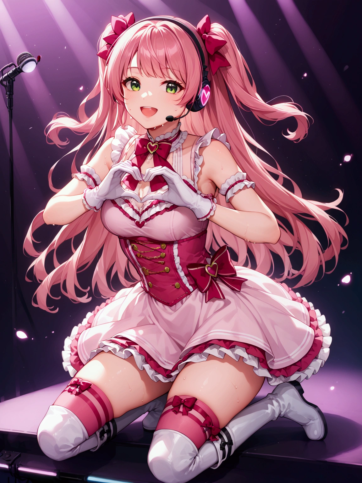 score_9, score_8_up, score_7_up, rating_safe, masterpiece, best quality, very aesthetic, absurdres, 1girl, solo, pink hair, long hair, hair ribbon, ribbon, bangs, green eyes, smile, open mouth, faint lips, headset, idol, idol clothes, red bow, pink dress, frilled dress, frills, gloves, white gloves, thighs, skindentation, pink thighhighs, white boots, sweat, music, singing, heart hands, on stage, stage light, spotlight, glowstick, penlight (glowstick)