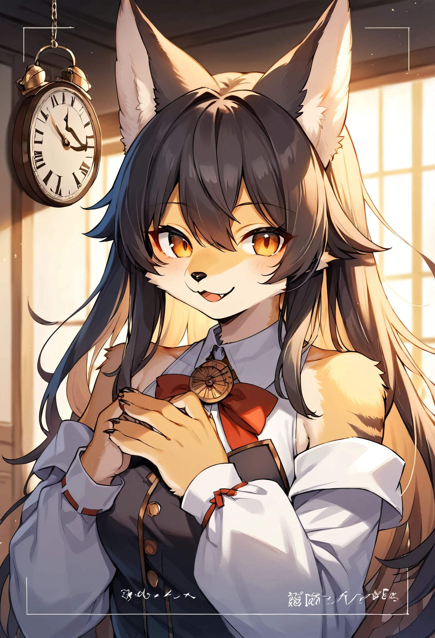 rating_safe, score_9, score_8_up, score_7_up, score_6_up, score_5_up, score_4_up, hires, source_furry, cover page, highres(1girl, kemono, furry anthro, fearless smile, reach for the clock) in room with clock, fantasy artwork, cinematic lighting, Backlight,