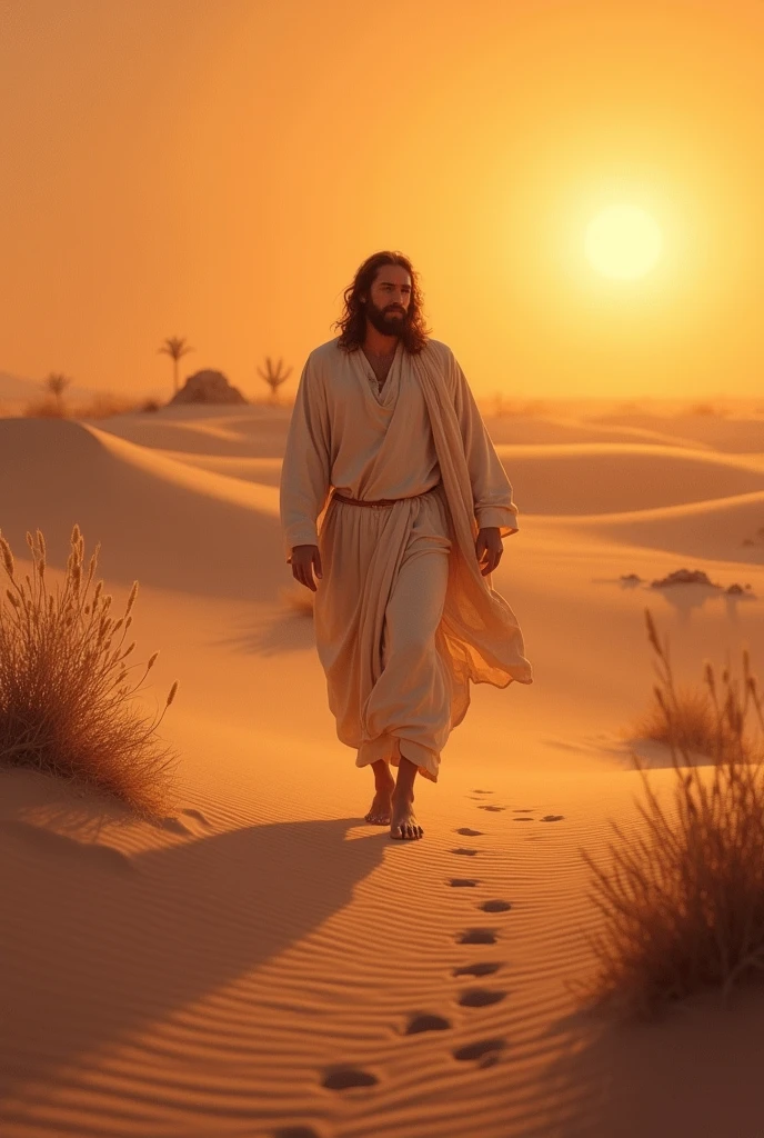 
	2.	Jesus Walking Through a Desert at Dusk: A striking scene of Jesus walking through a quiet desert landscape as the sun sets. The sand dunes create soft, rolling hills, and the sky is a deep orange fading into twilight. Despite the barrenness of the desert, there is a feeling of calm as Jesus walks barefoot, leaving footprints in the sand. His robes billow in the gentle breeze, and his face is illuminated by the warm, fading light. In the distance, a few desert plants and rocks break up the s