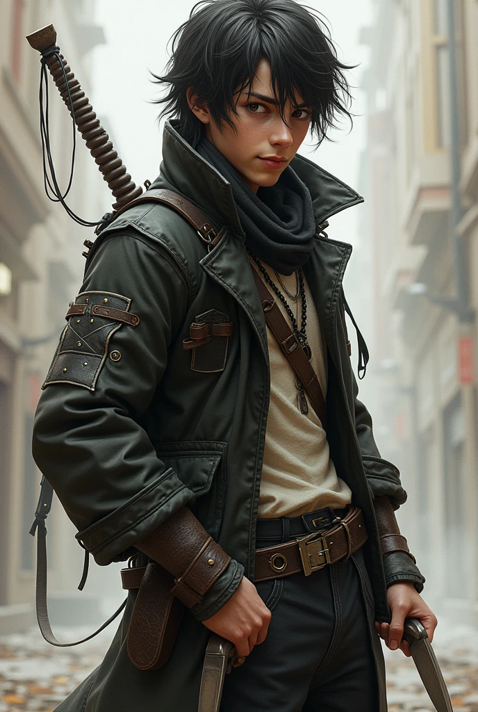 A short rogue with a young man&#39;s face, medium to long hair, who uses two daggers, has a sarcastic smile on his face,