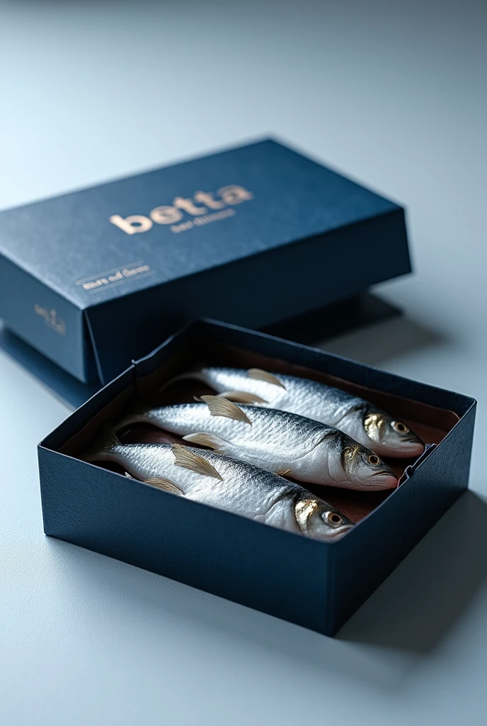 Canned sardines preserved in a well-made paper box, with creative dark blue packaging, with the brand name on top which is “beta sardines”.