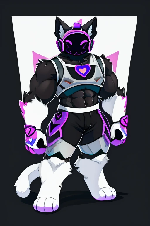 Big black and white cat , black robot helmet with a purple kawaii cat face, muscular, furry, black sleeveless shirt, Morados shorts, with heart stickers on the body 