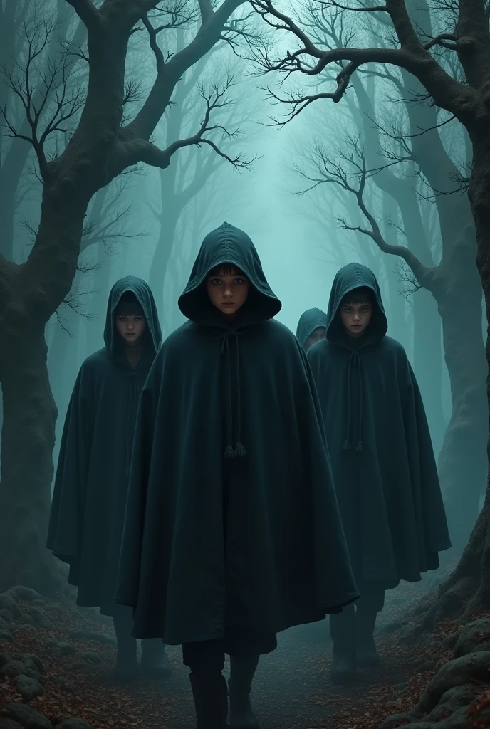 Create a book cover for a magic boarding school book with students wearing cloaks . It should look as realistic as if I was standing in front of it the school is in the spooky forest