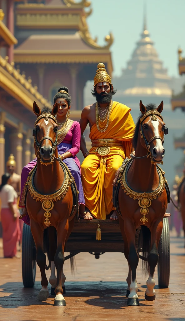 A hyper realistic macro, detailed image of A tamil king wearing golden dhoti is riding a two horsed chariot on a palace road, A tamil man wearing purple-pink dress and a tamil women wearing blue-gold dress are sitting inside