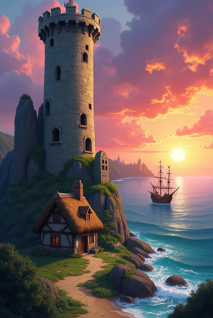 Create a landscape with a tall, rustic, rocky tower (Tangled movie style) near a rustic house , In the background an ocean with a pirate ship floating  , a castle further in the background near a sunset