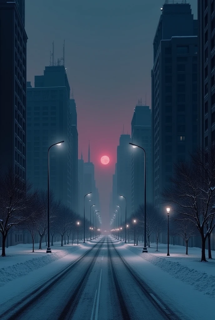 night,snowstorm,City,There are many dark high-rise buildings with no lights.,A wide snow covered road,No vehicles,Tall modern traffic street lights,The sky is dark pink,no moon,There are no stars,A dead end road with no pedestrians。Closer to realistic lighting。