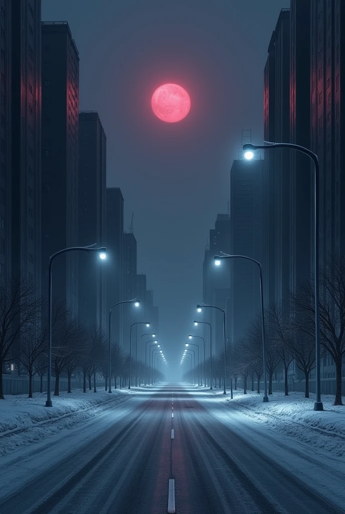 night,snowstorm,City,There are many dark high-rise buildings with no lights.,A wide snow covered road,No vehicles,Tall modern traffic street lights,The sky is dark pink,no moon,There are no stars,A dead end road with no pedestrians。Closer to realistic lighting。