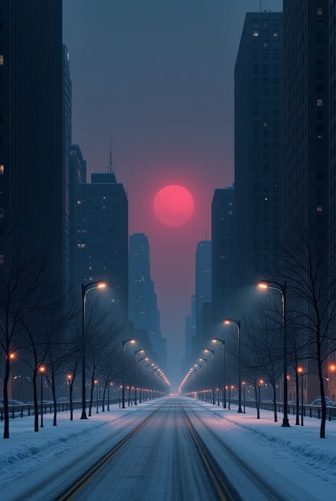 night,snowstorm,City,There are many dark high-rise buildings with no lights.,A wide snow covered road,No vehicles,Tall modern traffic street lights,The sky is dark pink,no moon,There are no stars,A dead end road with no pedestrians。Closer to realistic lighting。