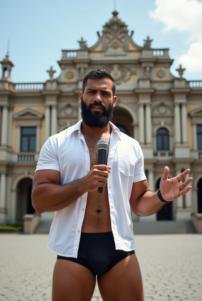 There is a muscular, bearded, mixed-race Brazilian man in a white dress shirt, black naughty underwear, microphone in hand, looking at a cameraman, gesturing,in a TV news, in front of a large building, peru, royal Palace, parliament, peruvian, peruvian looking, proportionate, Julia Fontes, Palace, quito school, an intermediate front shot, monumental giant Palace, Mexico City, freddy mamani wild facade, jorge lacera, Gita, chilean, Refik Anadol, central shot.